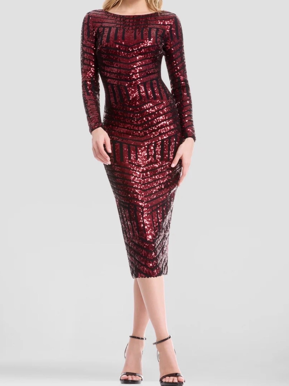 Dress the Population Burgundy Sequin Long-Sleeve Midi Dress